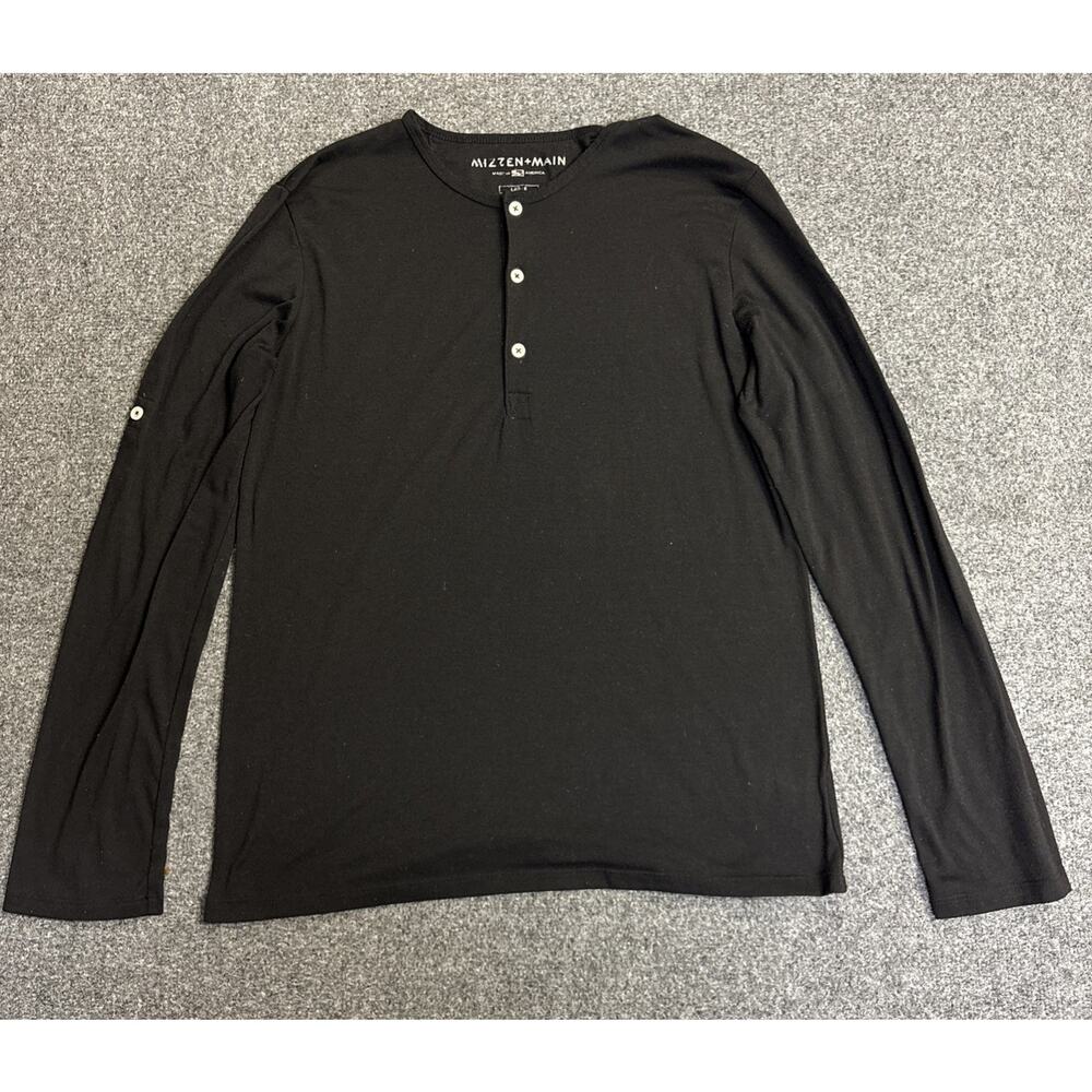Mizzen+Main Mens Large Black Long Sleeve Crew Neck Button Made USA